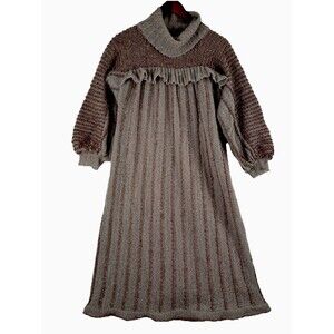 Rare 70s French Hand-Knit Wool Prairie Midi Dress Chaumière aux Tricots Paris M